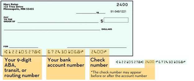 Image of a check showing your 9-digit ABA, transit or routing number; your bank account number and your 4-digit check number.