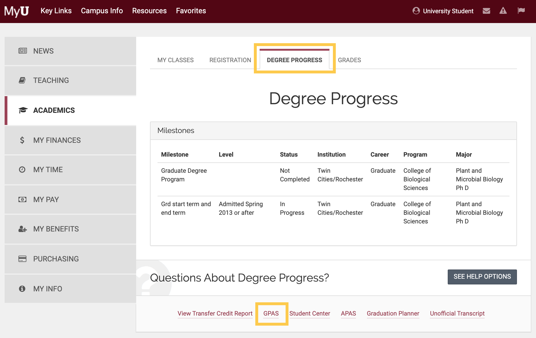 Degree Progress tab and GPAS link in MyU